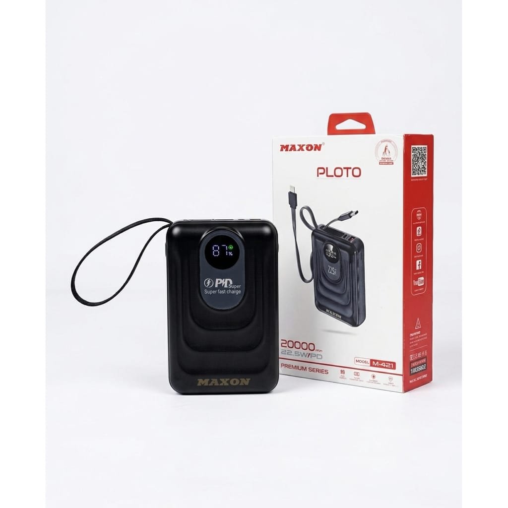MAXON PLOTO M-423 Power Bank 20000mAh | 22.5W PD Super Fast Charge | Premium Series With Built-in Cables | Digital LED Display | For iPhone, Android, Type-C